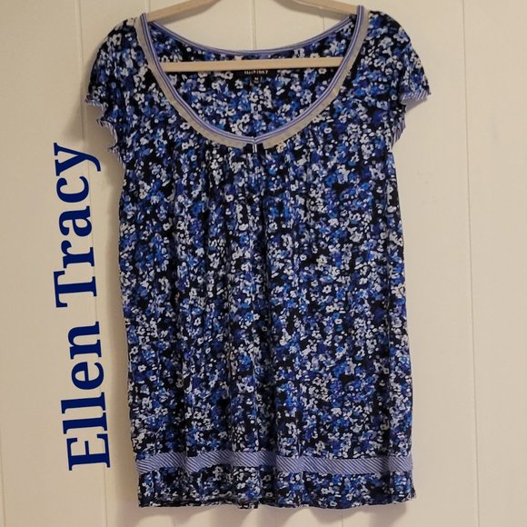 ❣️HP❣️Ellen Tracy black/blue print flutter sleeve soft chemise sleepwear sz: M - Picture 2 of 7